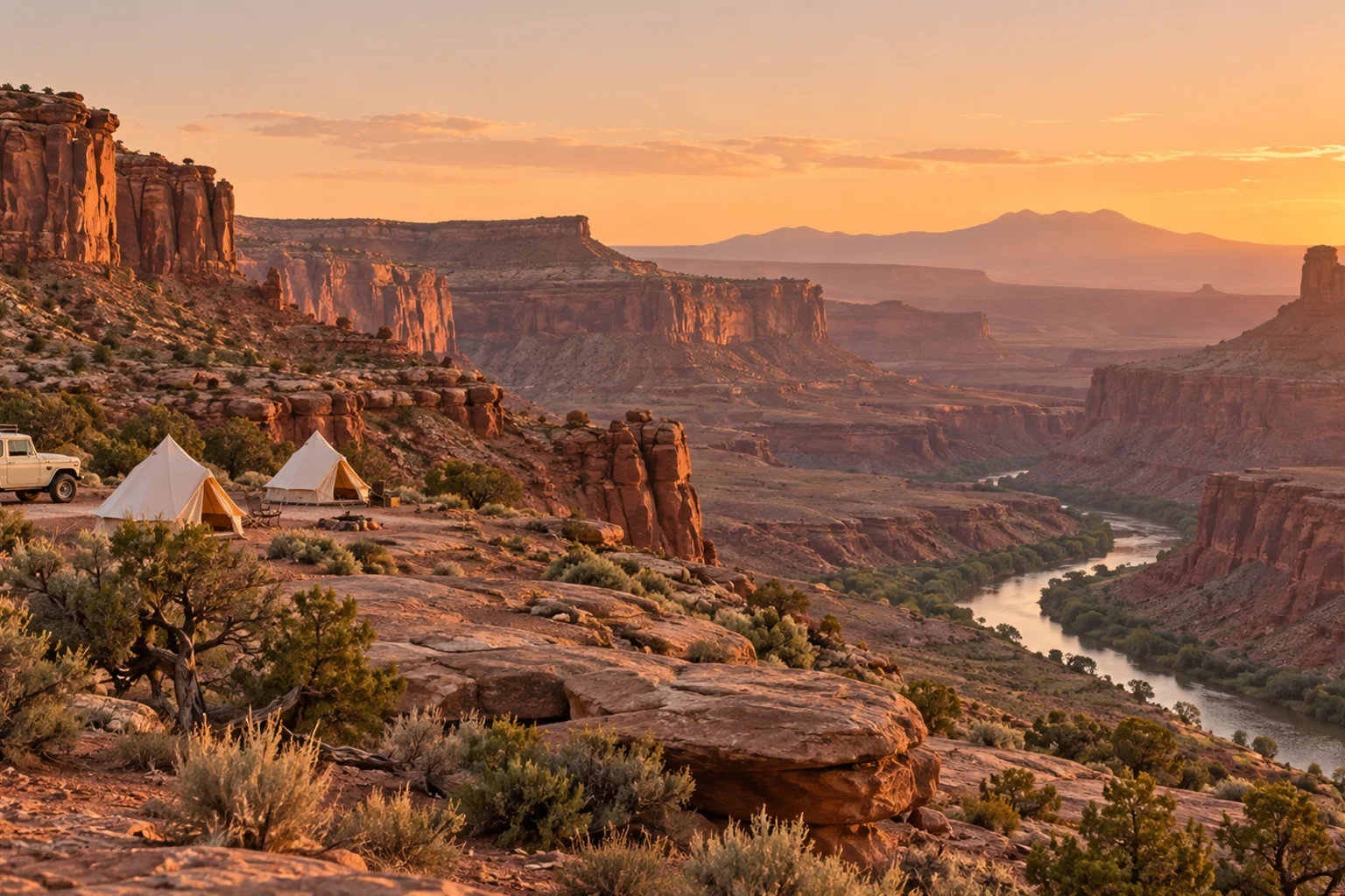 Warm sandstone cliffs and canvas tents on a desert getaway