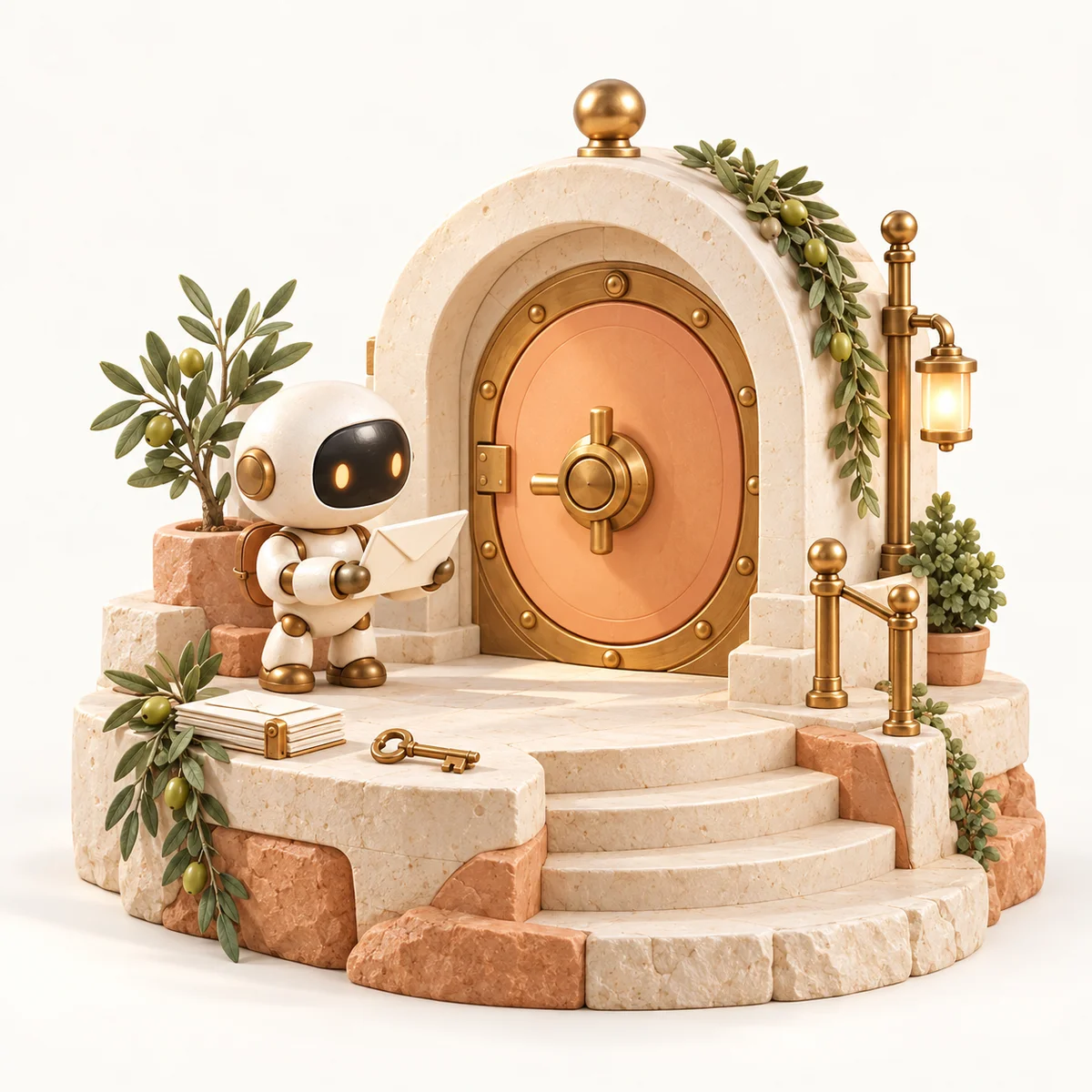 Dana’s ivory robot holding an envelope beside an apricot vault, with a brass key resting on the steps.